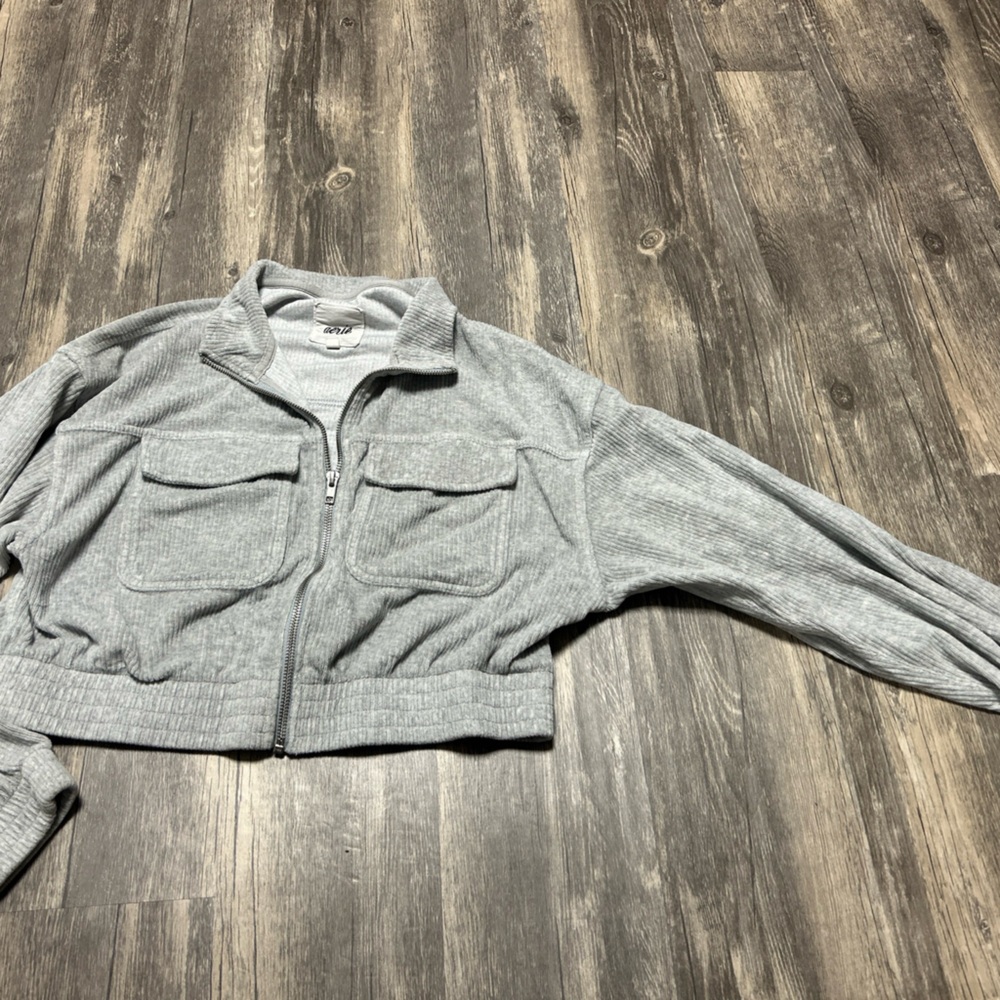 Aerie Groove On Velour Corduroy Cropped Zip Up Jacket Gray Size Small